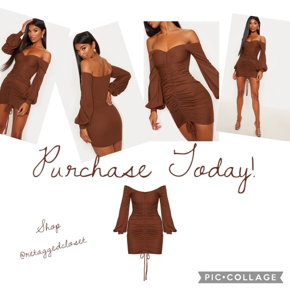 PrettyLittleThing Dresses & Skirts - 🚫 SOLD 🚫 PLT Ribbed Bardot Balloon Sleeve Ruched